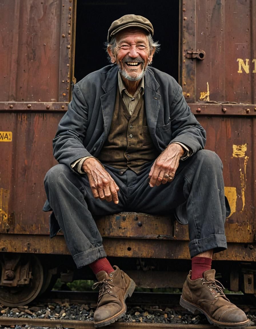 Hobo Portrait on Midnight Train, Detailed Digital Art