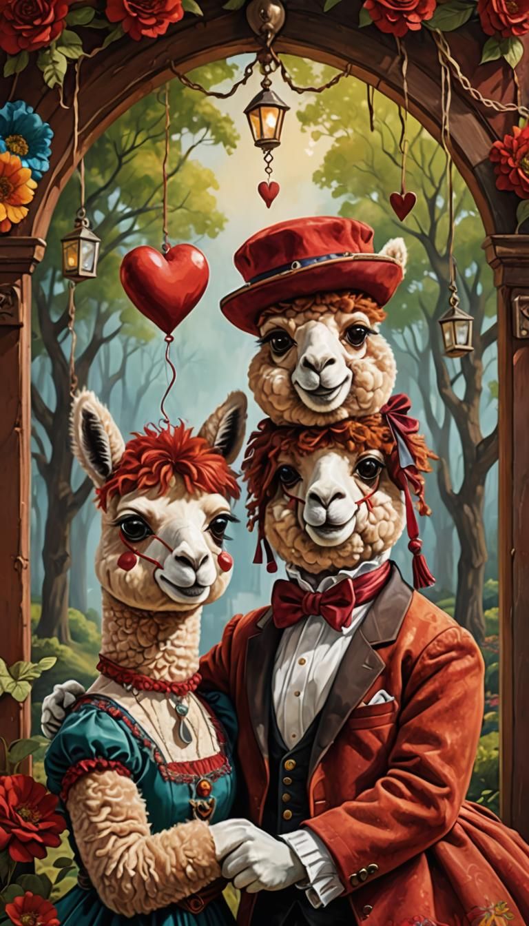Mrs. Alpaca and Mr. Alpaca in a romantic setting