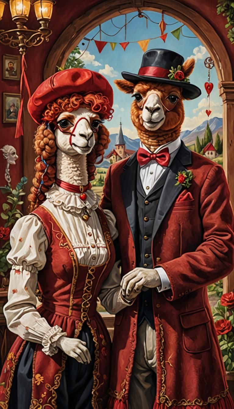 Mrs. Alpaca and Mr. Alpaca in a romantic setting