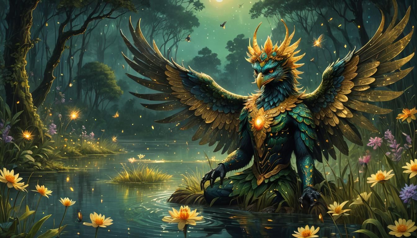 Garuda in Mythical Forest Illuminated by Fireflies