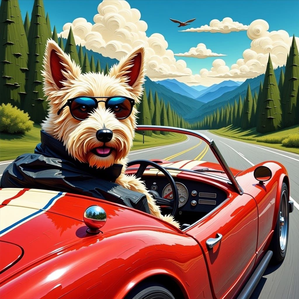 Westie Terrier Drives Sports Car in Retro Ad Style