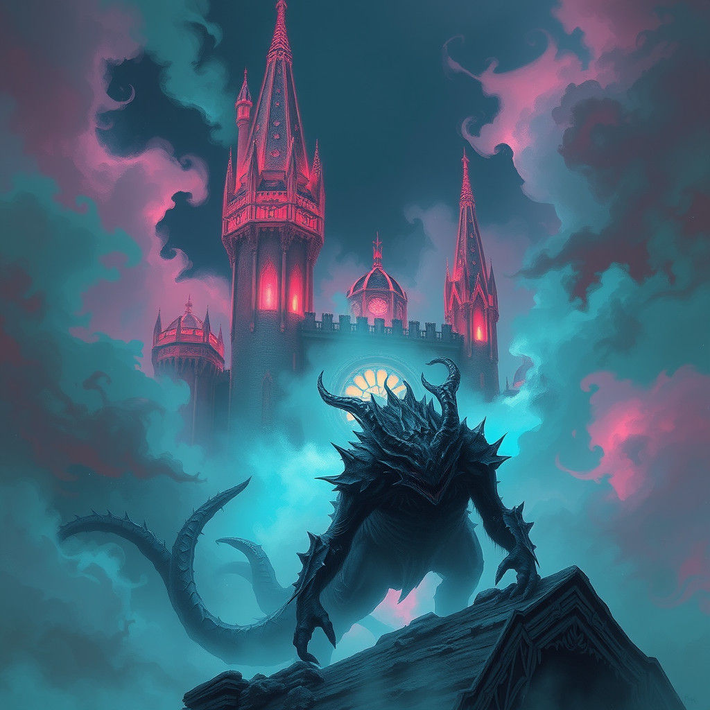 Mystical Castle with Monster in Dark Fantasy Style