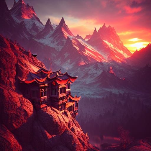 Hyperdetailed Mountain Sunset in Fantasy Art Style