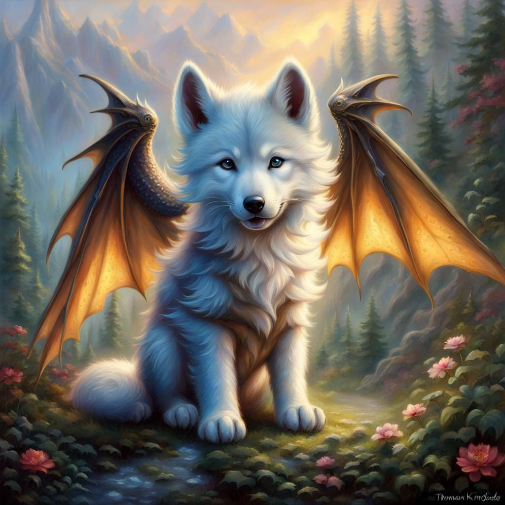Dragon-Winged Wolf Cub in Ethereal Fantasy Style