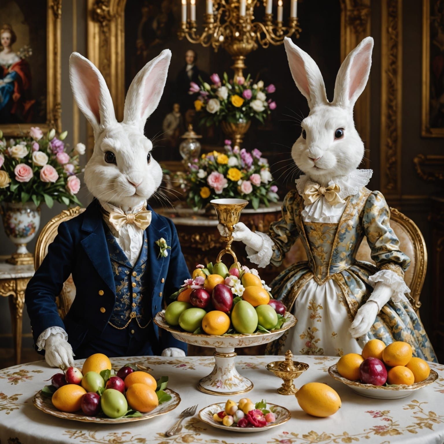 Porcelain Easter Bunnies in Baroque Elegance