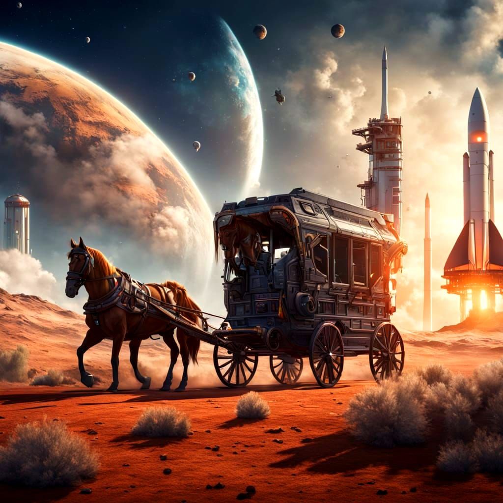 Horse and Wagon Watch Rocket Launch in Fantasy Art