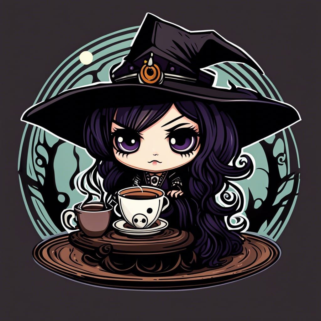 Cute Chibi Goth Witch with Coffee