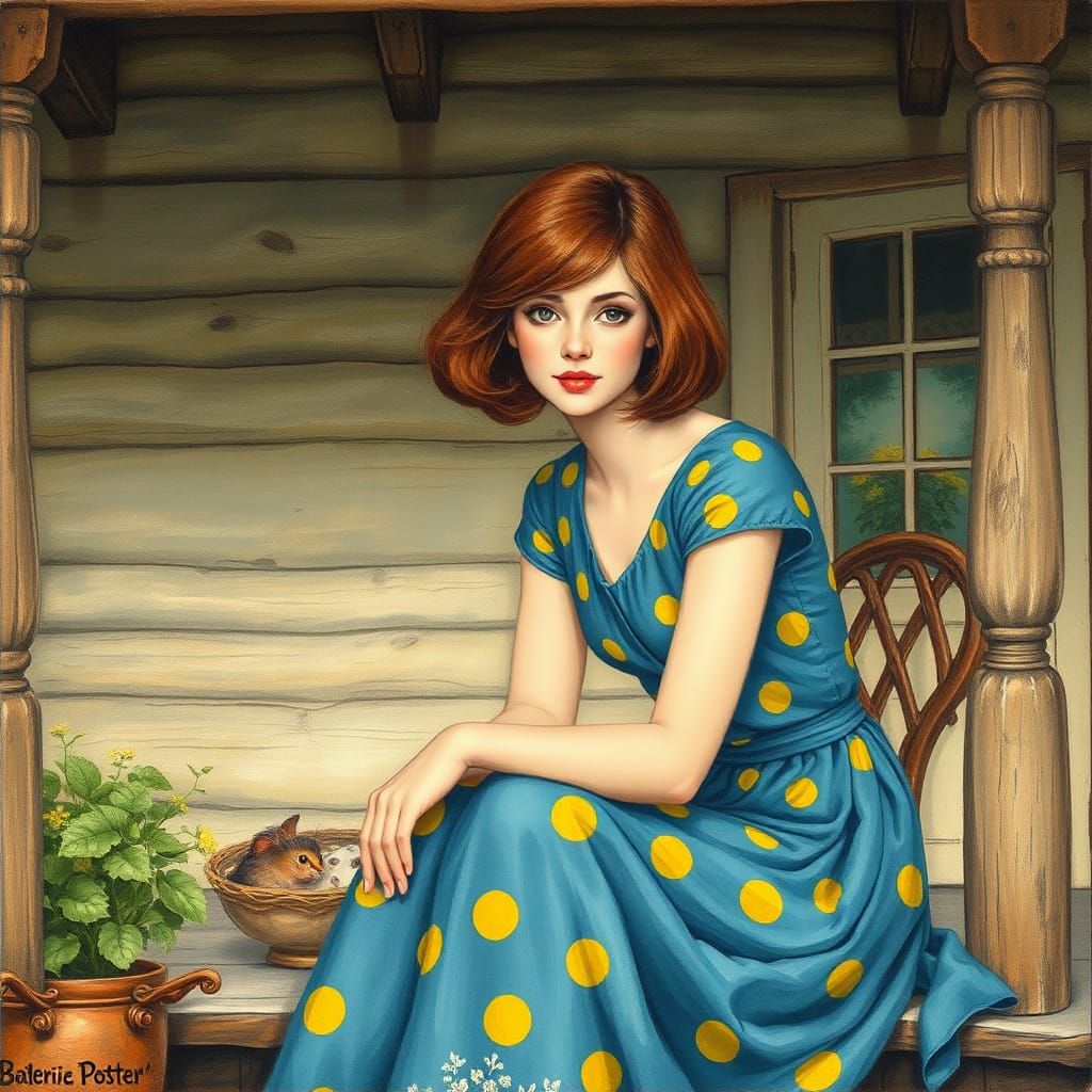 a beautiful woman with short brown bob style hair, blue dress with yellow spots sitting on the porch of the rustic house...