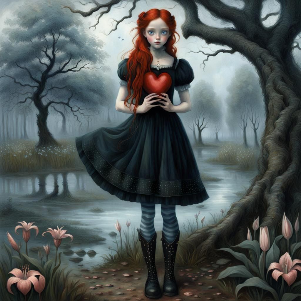 Girl with Heart in Misty Landscape, Dreamy Art