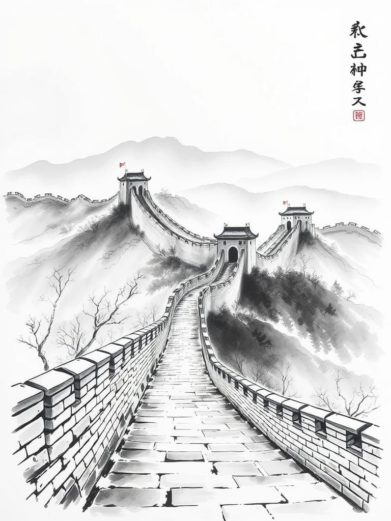 Chinese style black and white ink painting of the Great Wall...