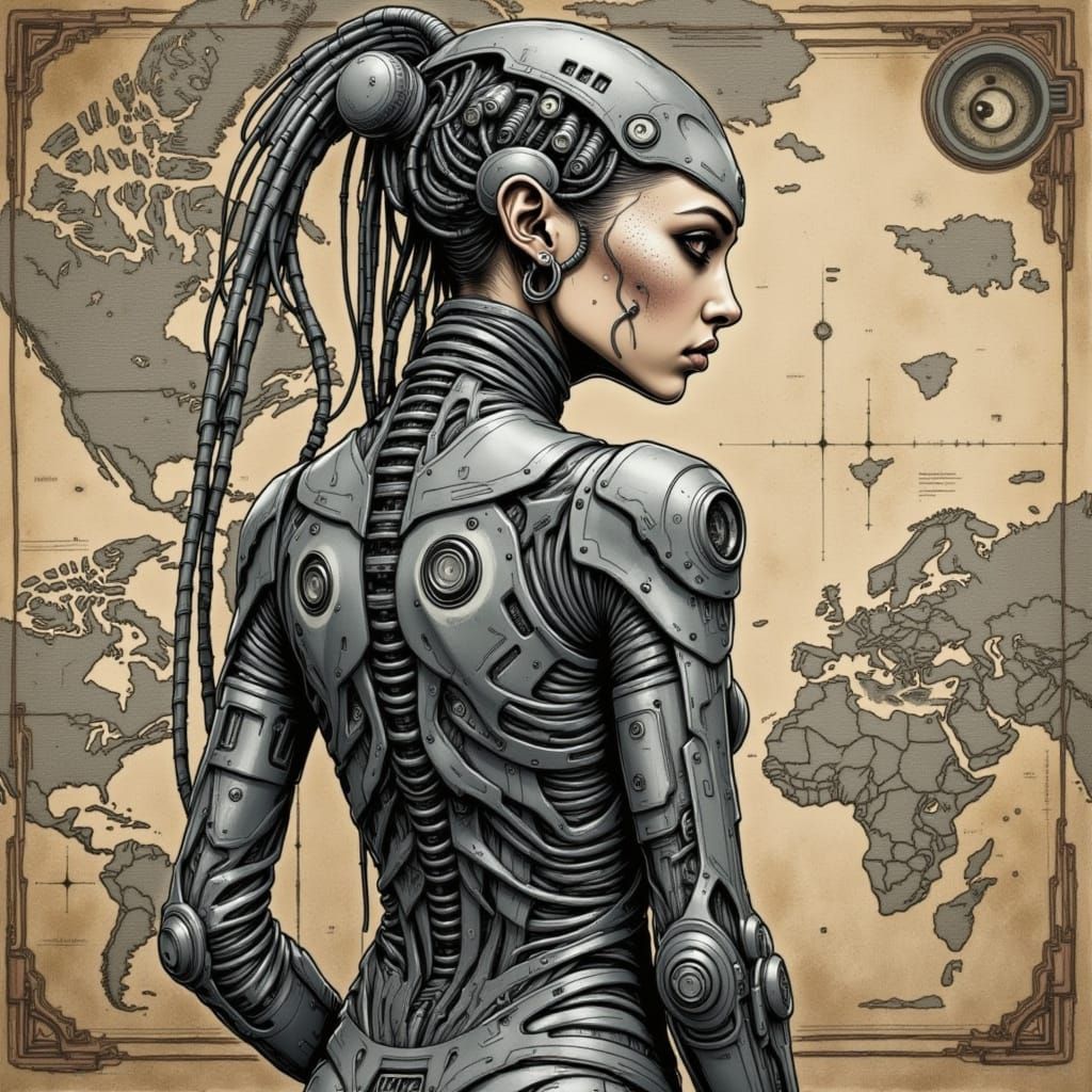 Cyborg Woman with World Map Dress in Giger Style