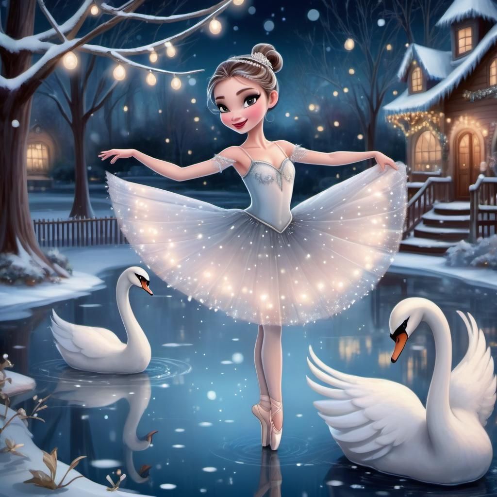 Disney Pixar style 3D beautiful woman ballerina, Swan Lake, dancing on a frozen pond, fairy lights, in a winter wonderla...