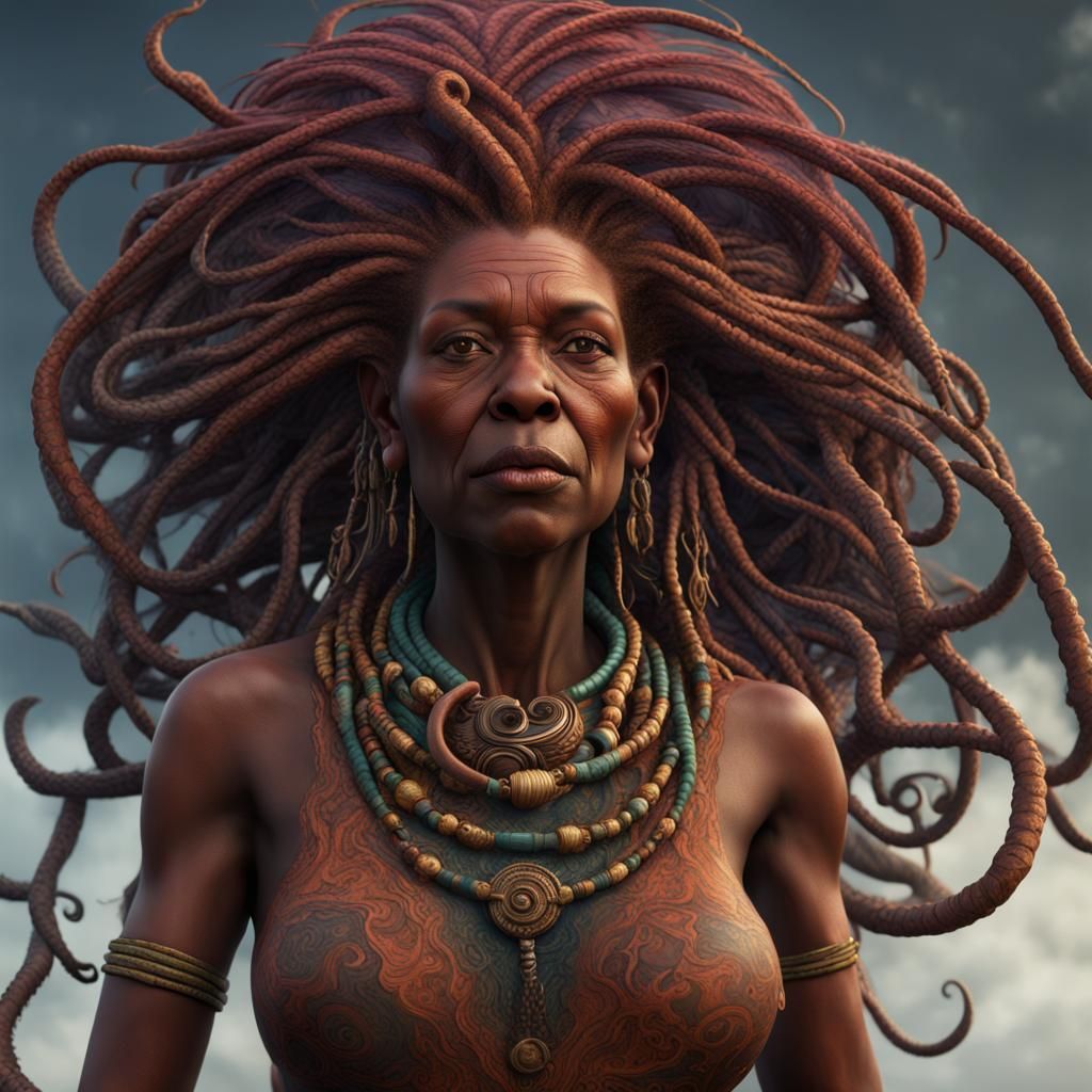 Kikuyu Weaver Woman with Medusa Hair in Post-Expressionism