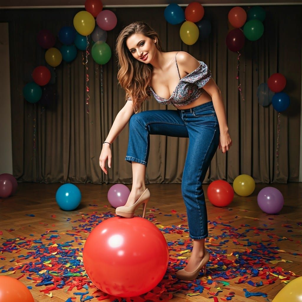 Young Woman Teasingly Steps on Red Balloon in Pumps and Crop...