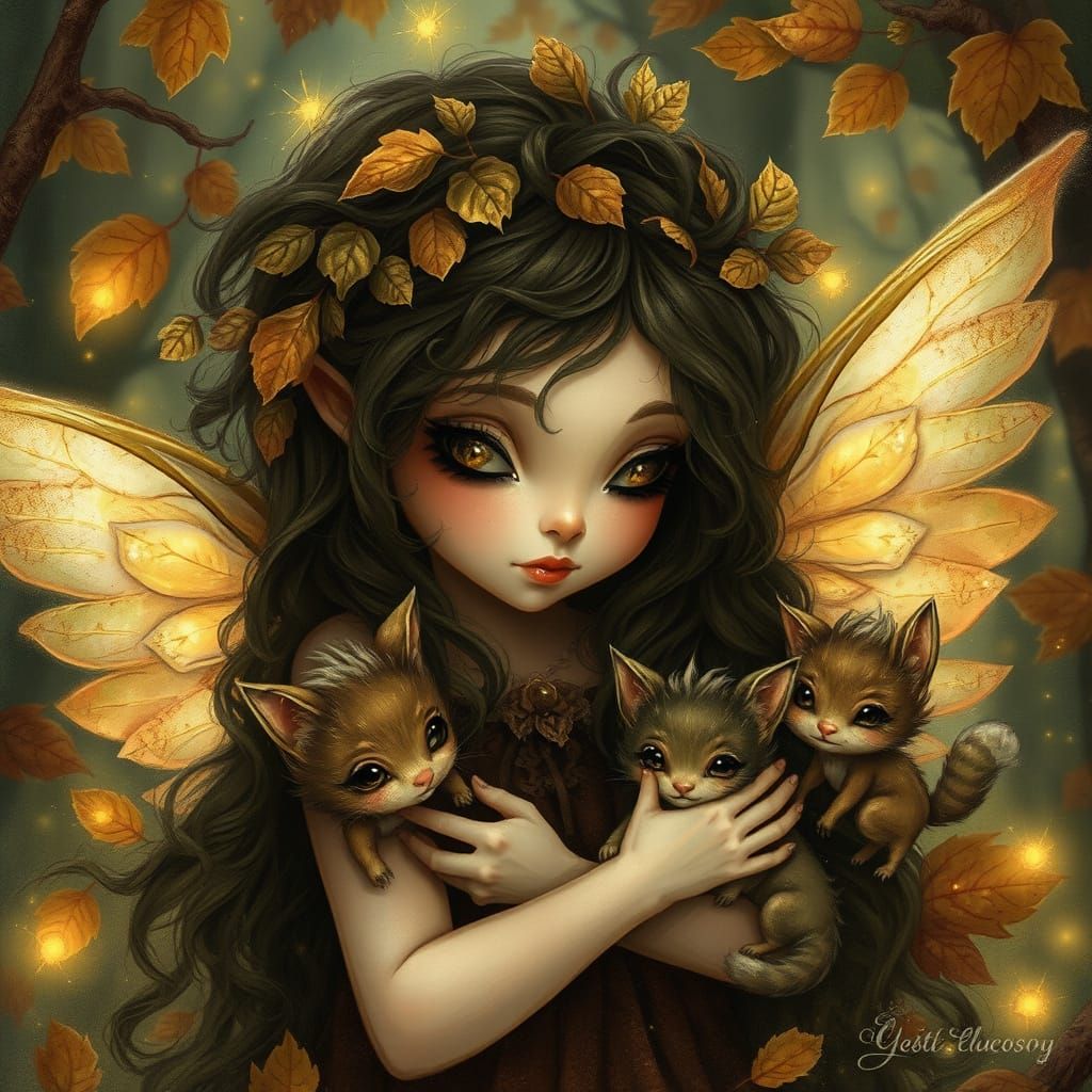 forest dryad girl pets her chibi neko fey creatures