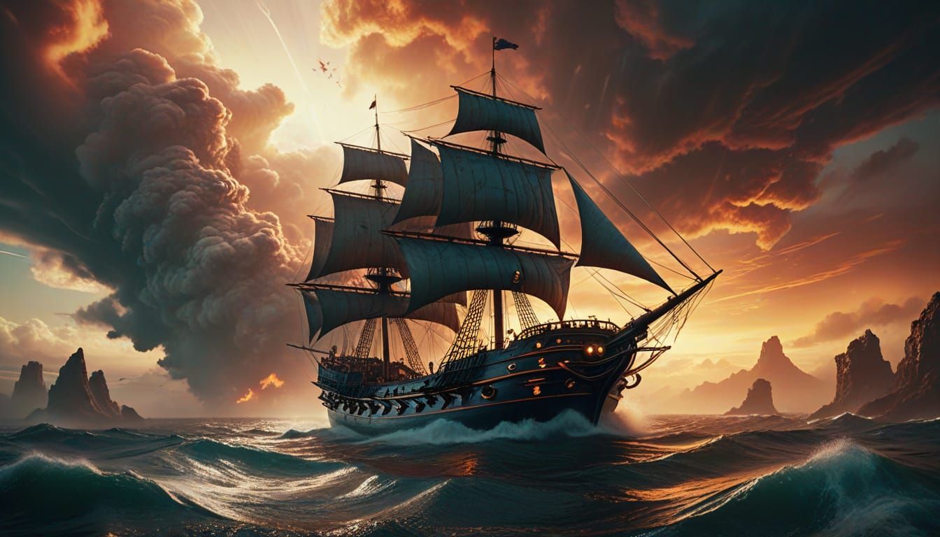 Cinematic Galleon Sails Through Toxic Storm in Dreamlike Atm...