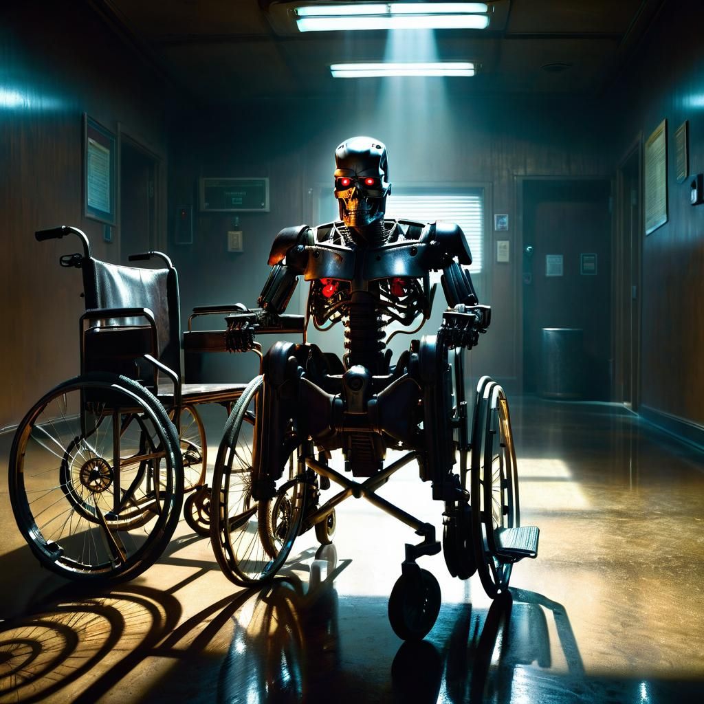 Old Terminator in Wheelchair: Dark Sci-Fi Concept Art