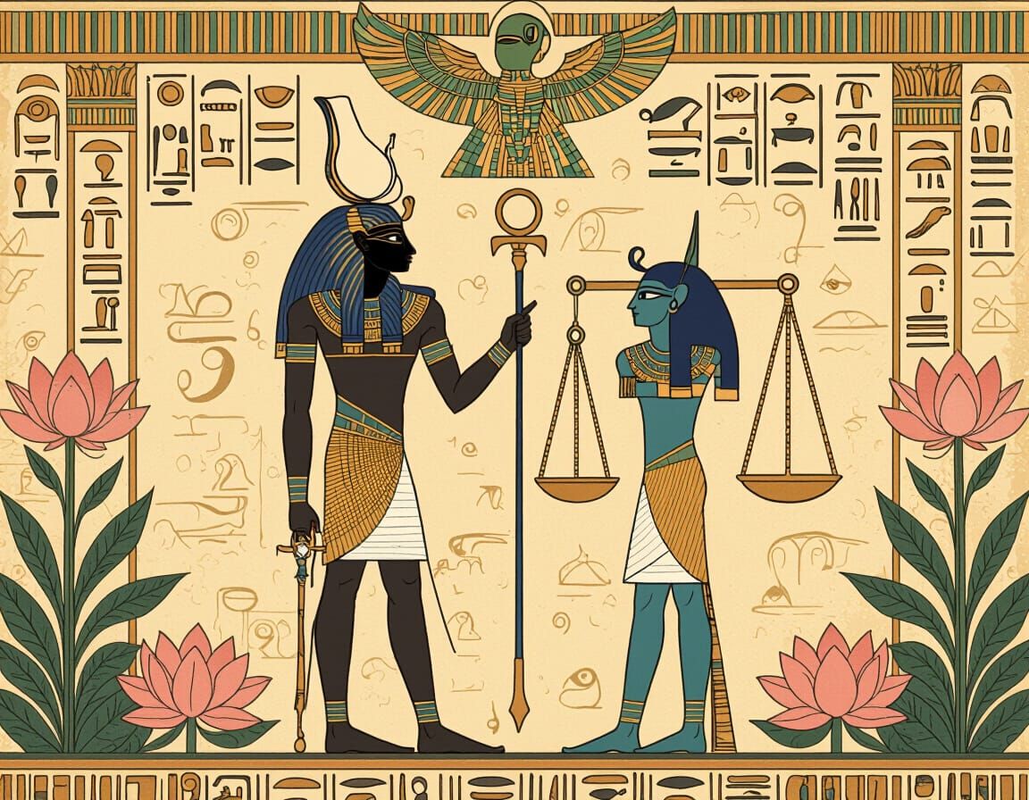 Pharaoh Before Osiris in Egyptian Illustration Style