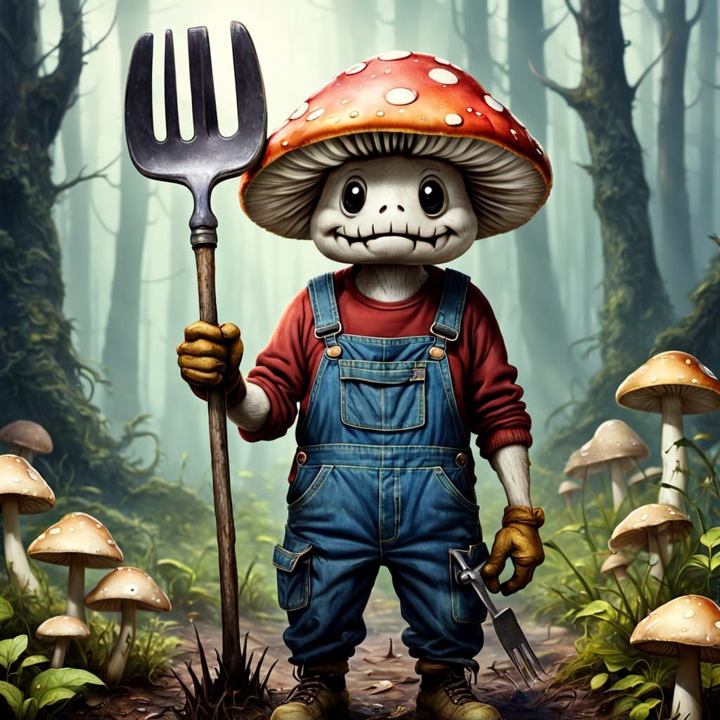 Crazy Mushroom Farmer in Dirty Overalls