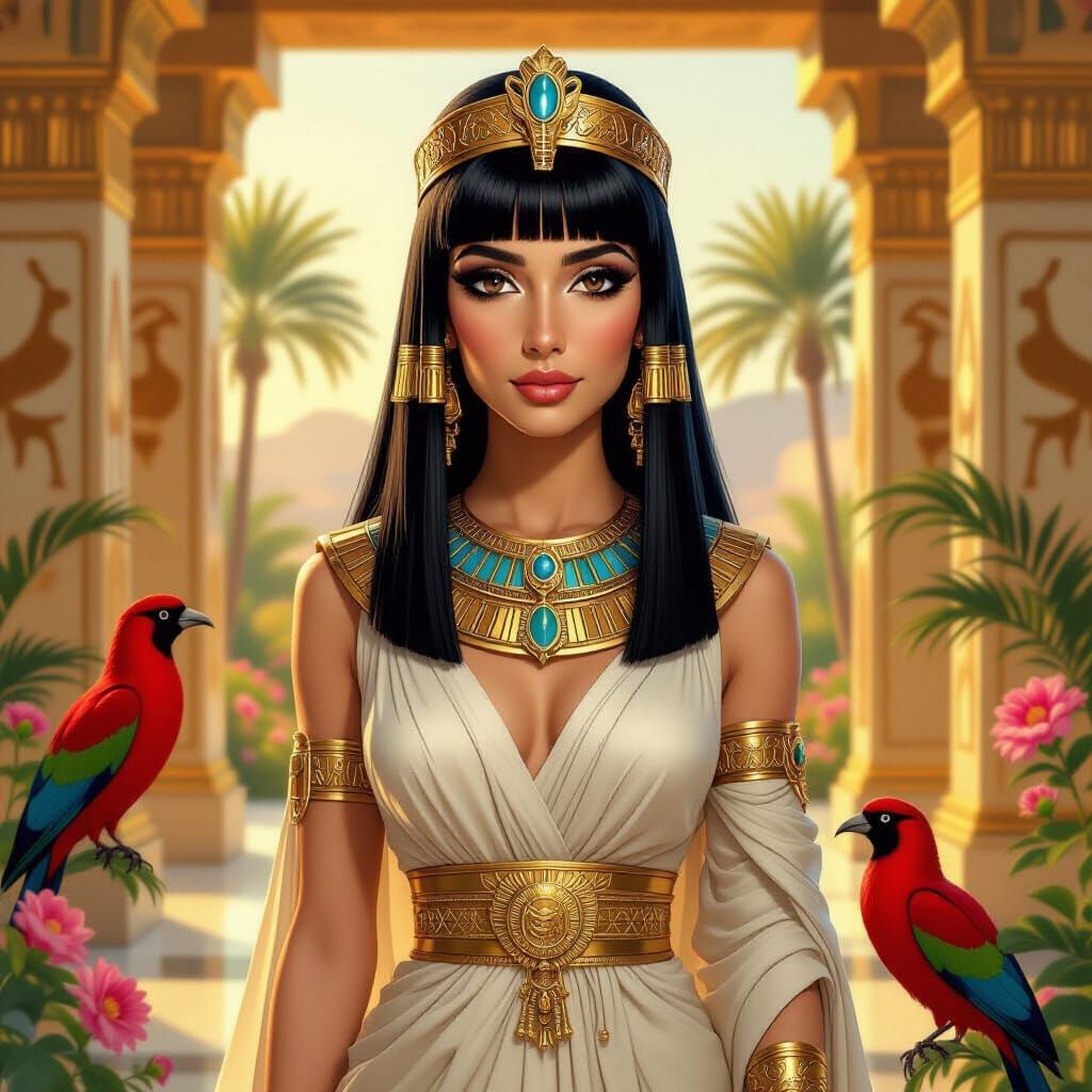 Young Egyptian Queen Cleopatra in Golden Palace with Ibis