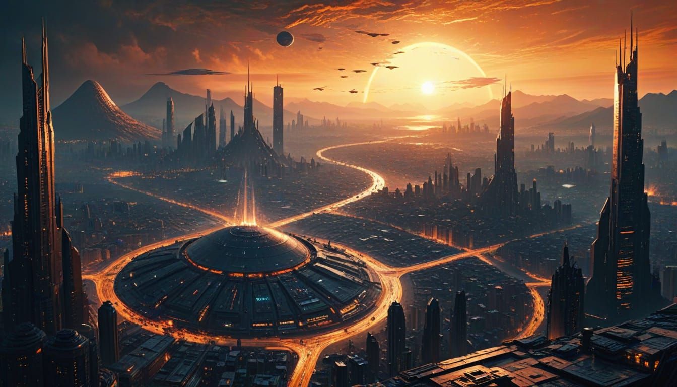 Futuristic Alien Cityscape at Sunrise: Digital Matte Paintin...