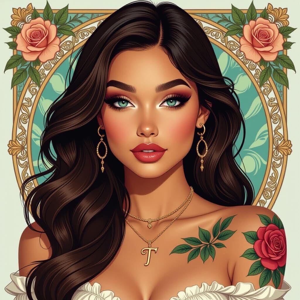 Elegant Woman with Rose Tattoos, in Art Nouveau Style