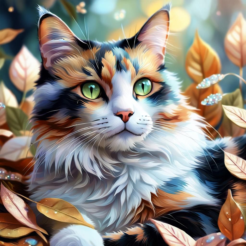 Calico Cat Lounging on Leaves: Elegant Fantasy Art