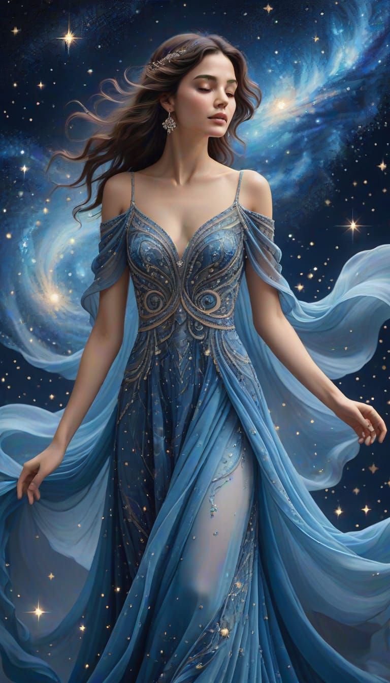 Brunette in Blue Dress Against Dreamy Cosmos