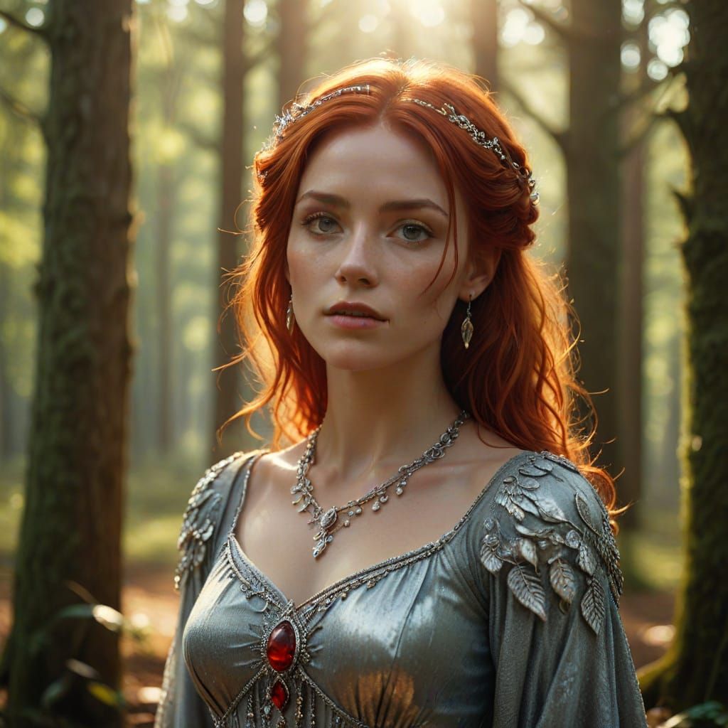 Fantasy Woman with Red Hair and Silver Jewelry