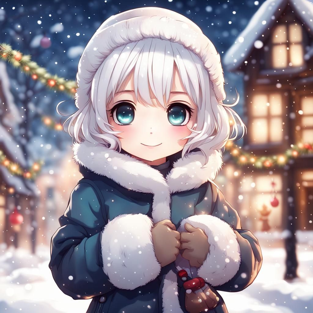 Cute Chibi Girl in Winter Outfit with Christmas Decor