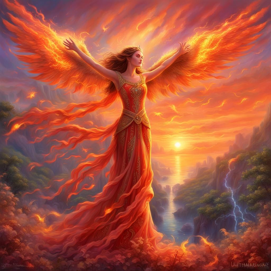 Bayflame Goddess at Sunset in Surreal Style
