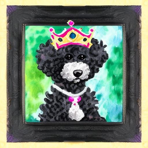 Black Poodle Princess in Gouache Watercolor Style