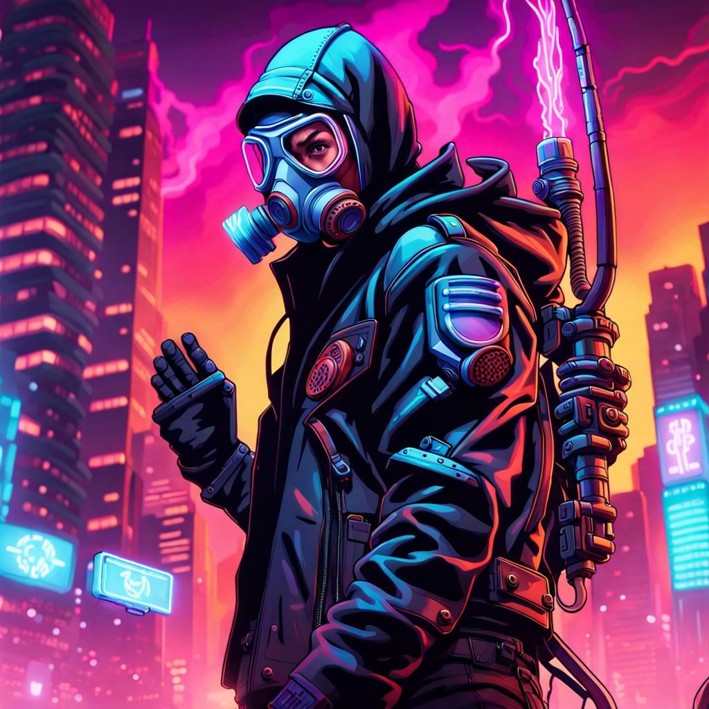 Cyberpunk Soldier with Neon Scythe in Cityscape
