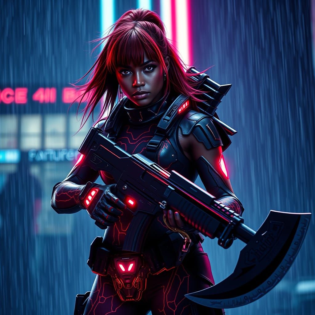 Afrofuturistic Warrior in Neon Rain, Cyberpunk Art