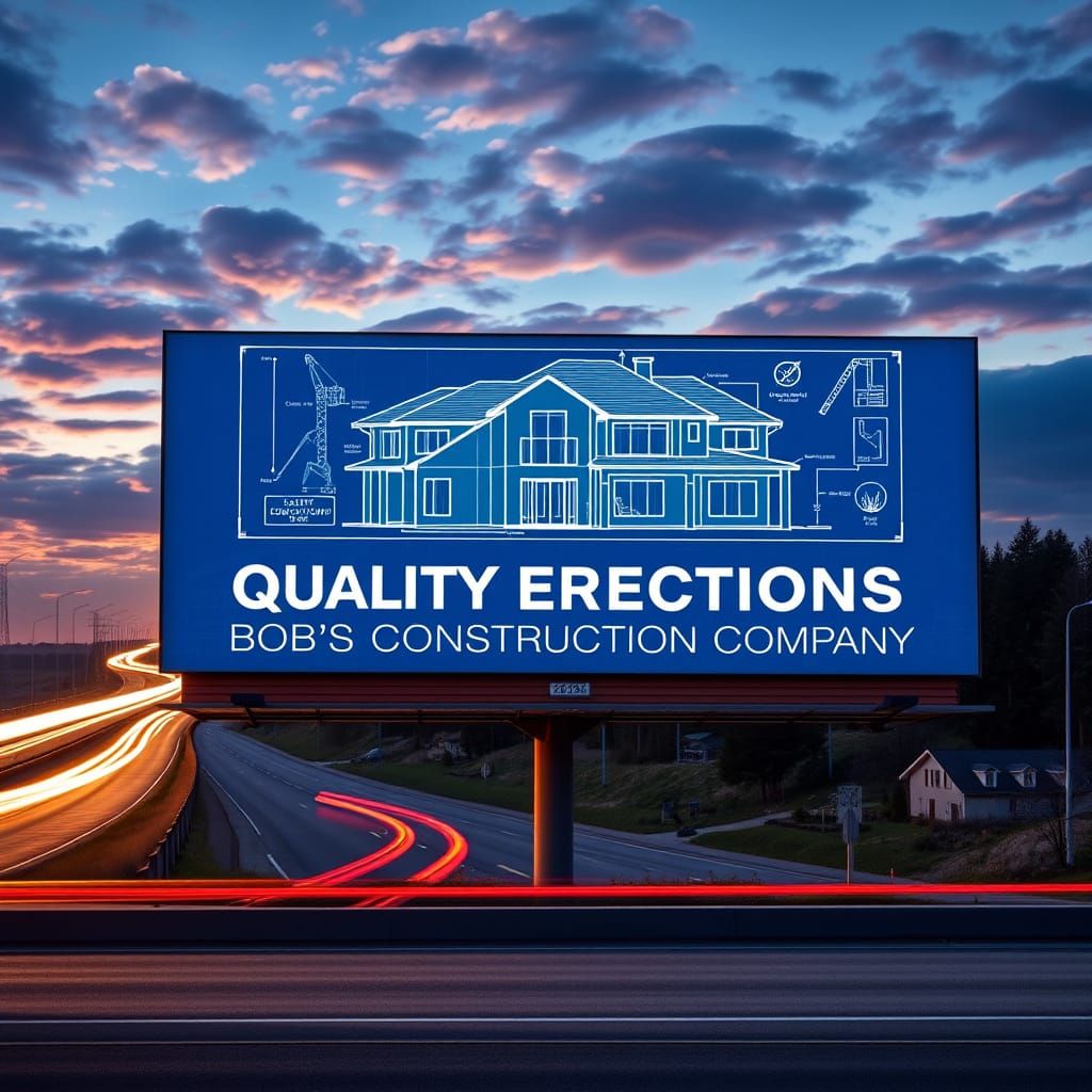 Modern House Blueprint Billboard in Night Sky with Quality E...