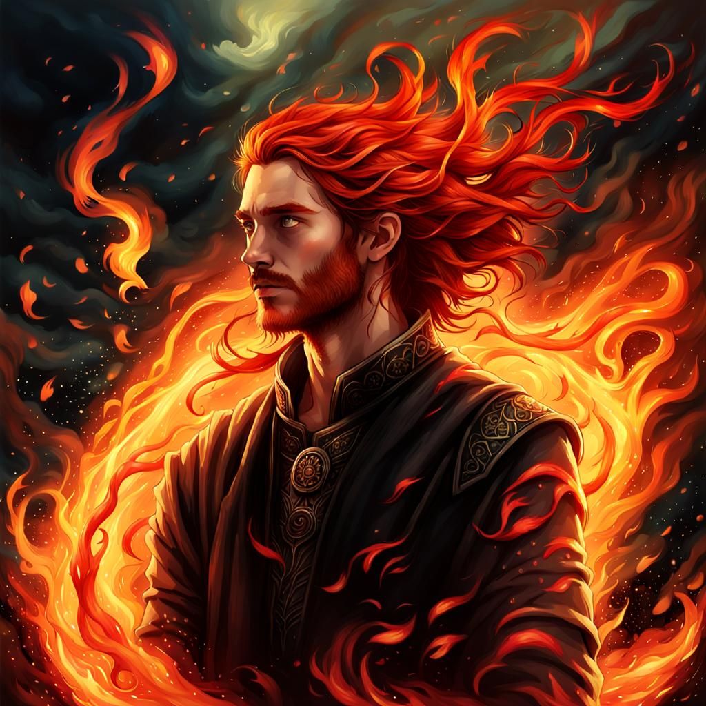 Fantasy Fire Breather in Dark Floral Atmosphere