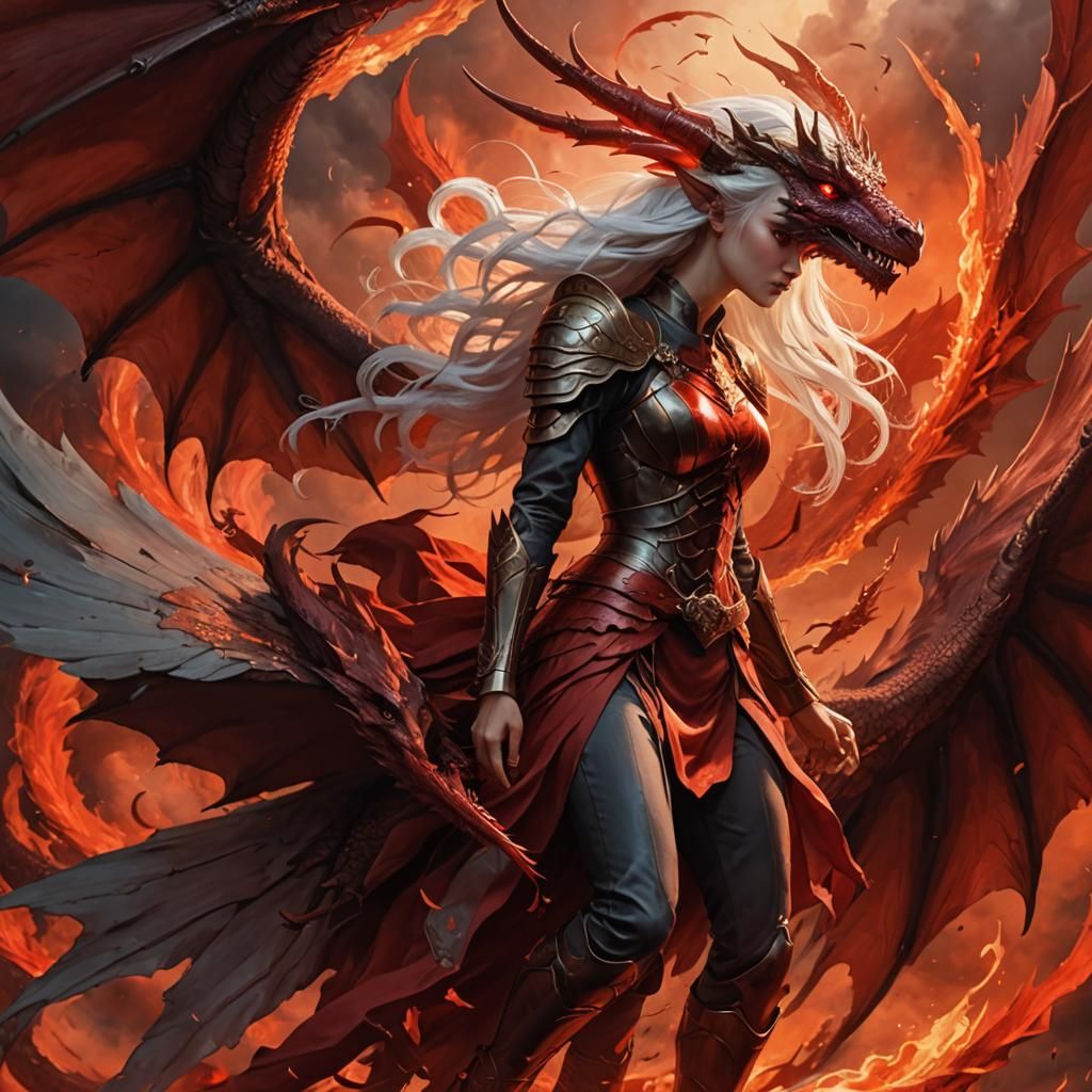 Red Angel Woman and Dragon Fantasy Art