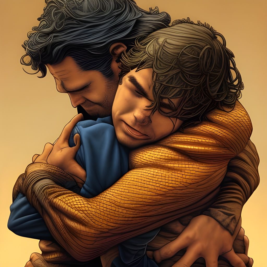 Father and Son's Warm Embrace in Comic Book Style