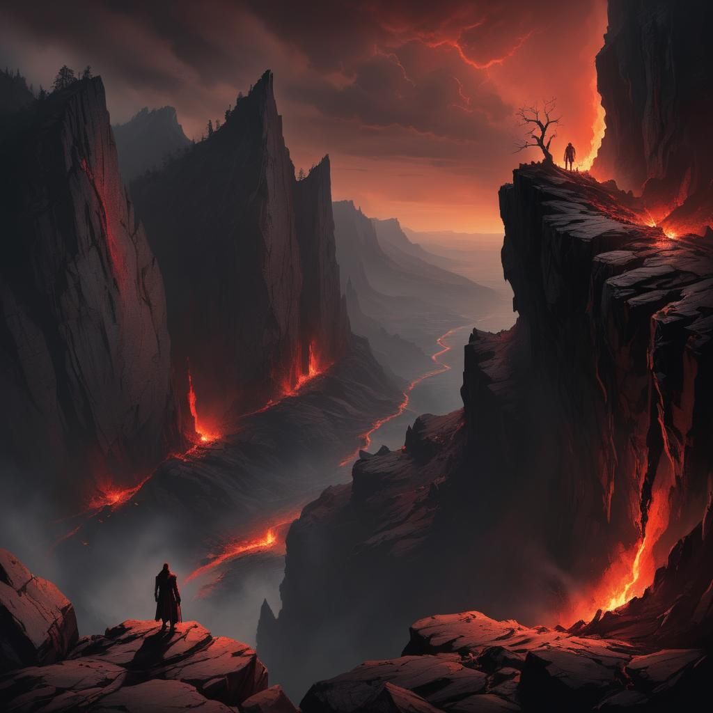 Ominous Cliffside Figure Overlooking Fiery Abyss