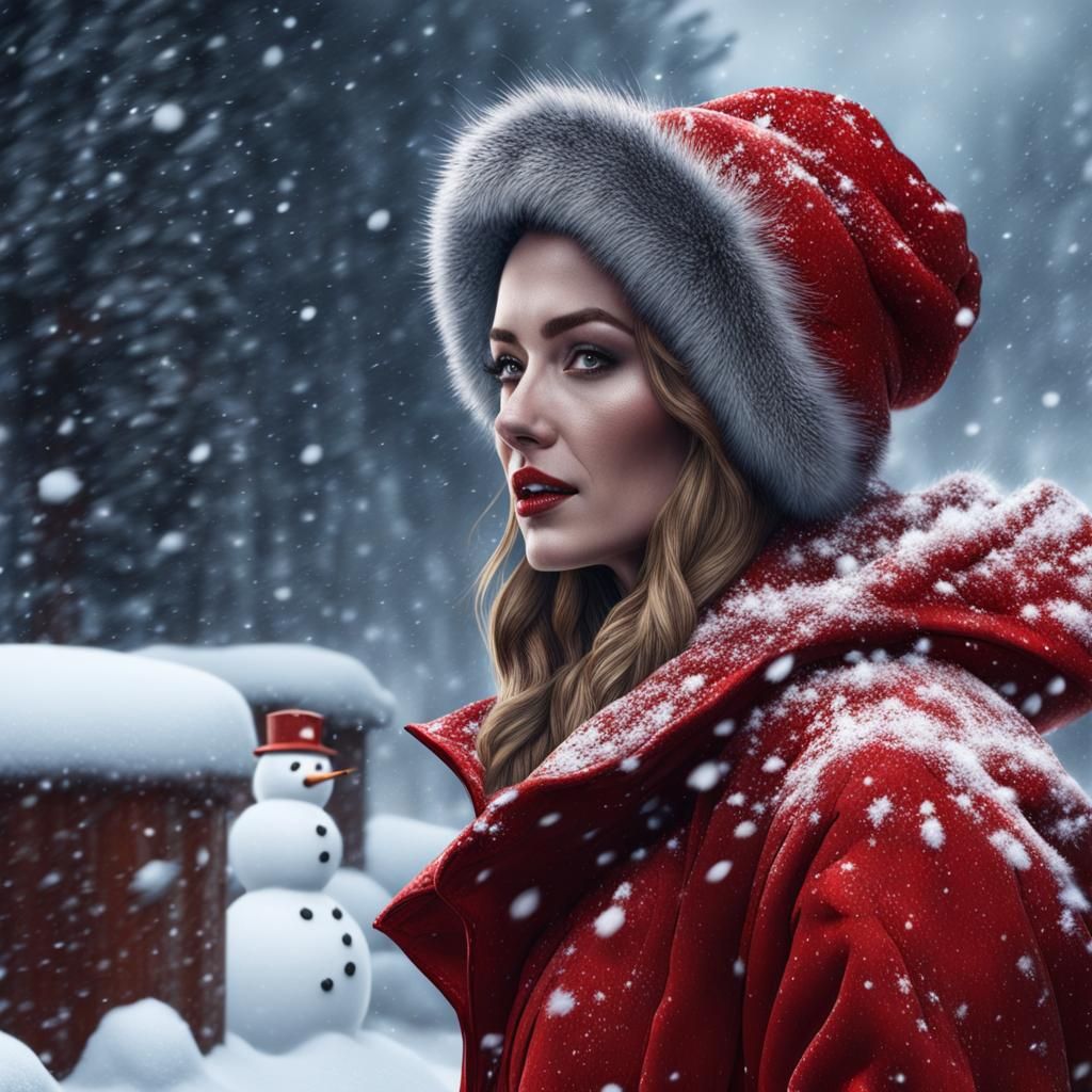 Woman in Red Parka Making Snowman