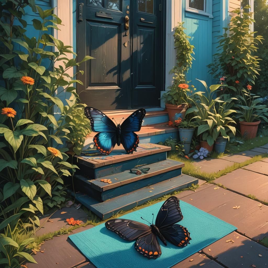Butterfly on Doorstep in Hyperrealistic Style