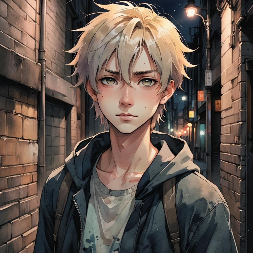 Anime Portrait of a Smug Boy in Alleyway