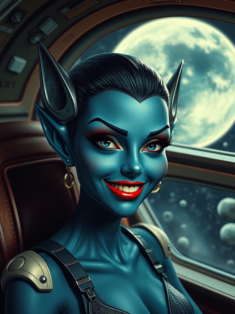 Sultry Retro Science Fiction Alien Goddess in Googie Spacesh...