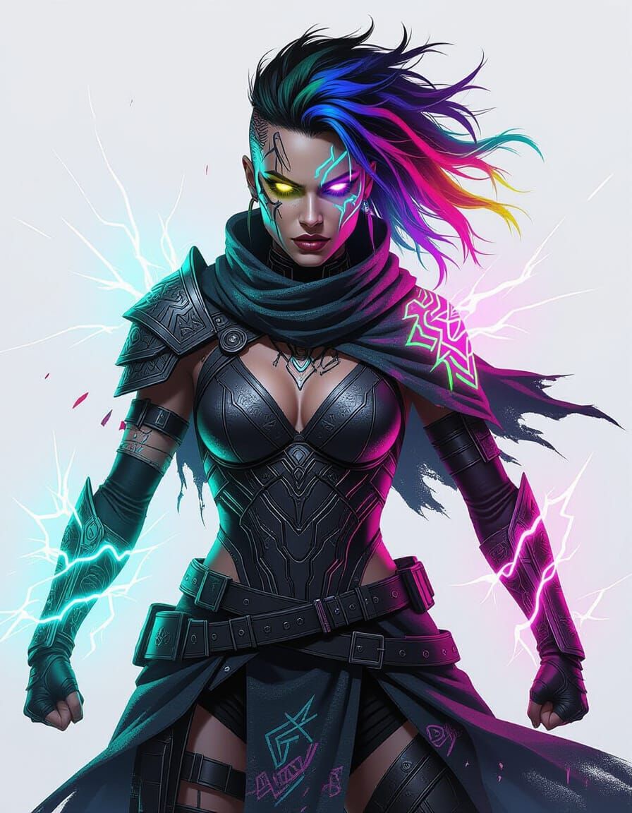 Techno Siren Fighter in Dystopian Cyberpunk Cityscape