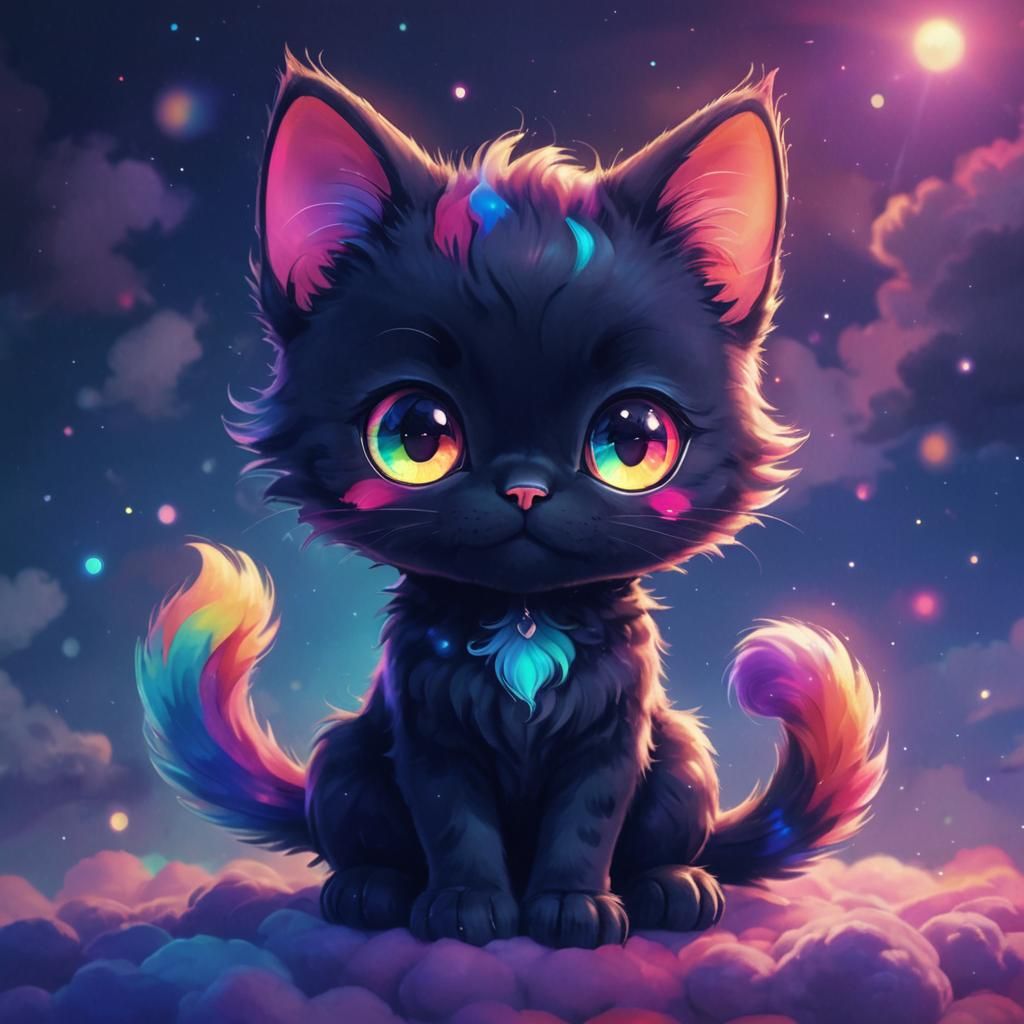 Vibrant Chibi Anime Kitten on Colorful Clouds