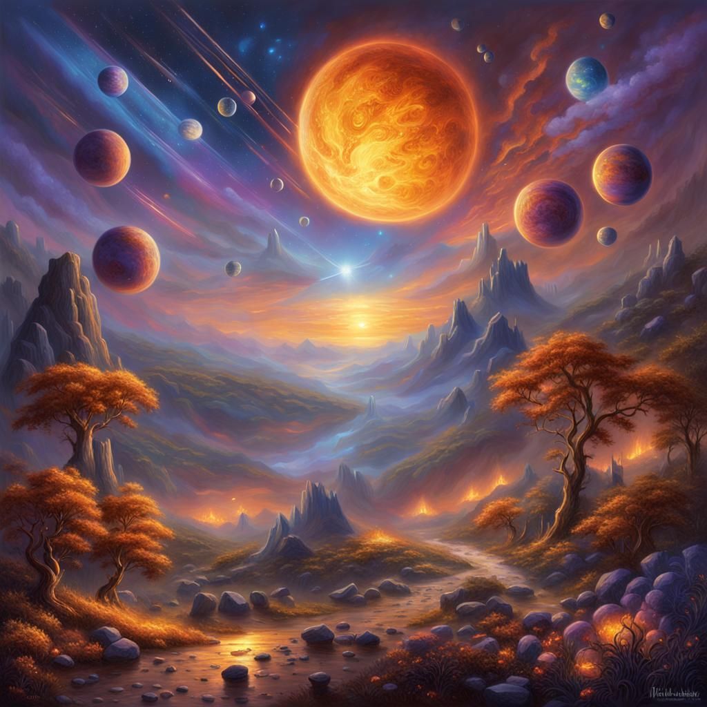 Ethereal Fantasy Planets Amidst Fiery Landscape