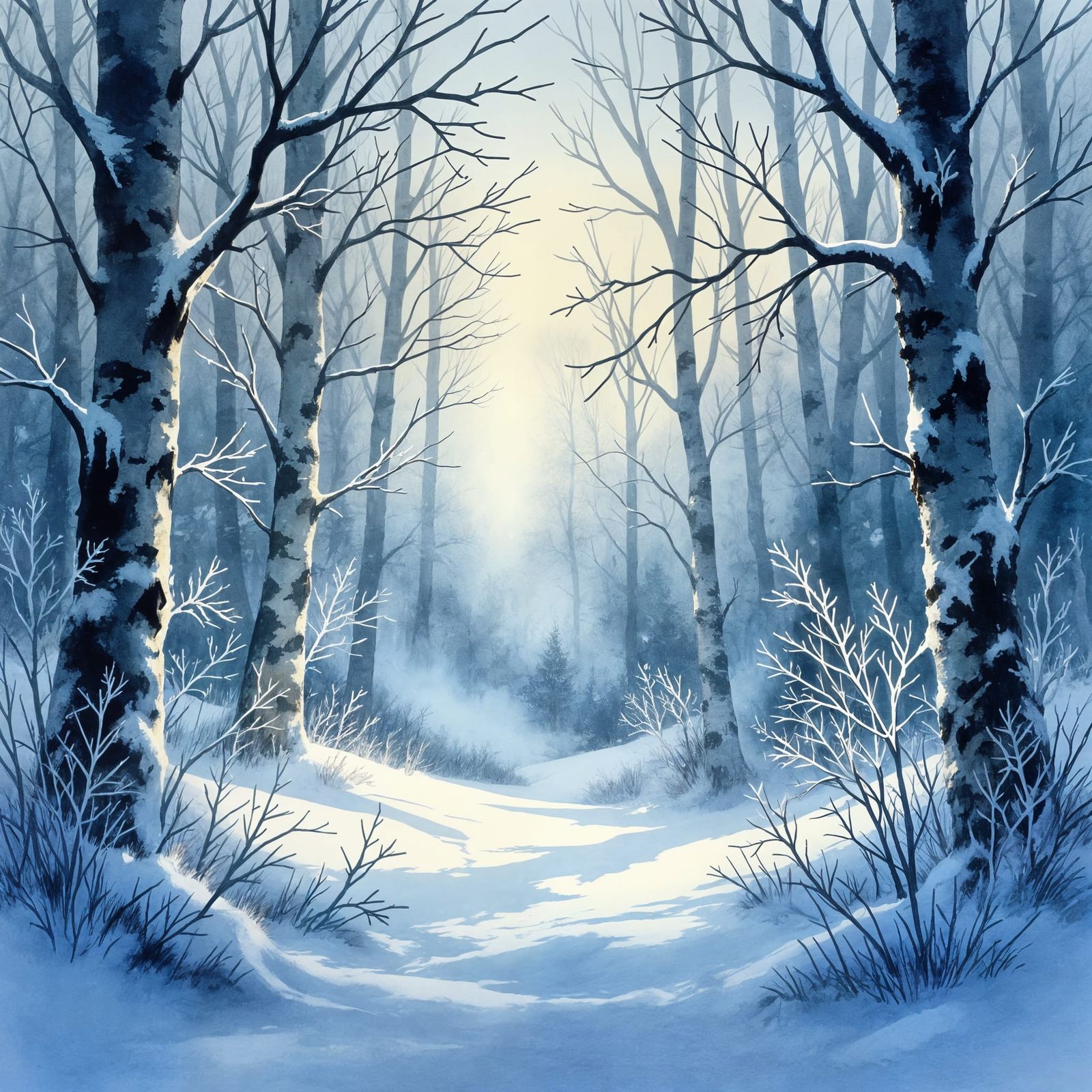 Whimsical Frosty Forest in Enchanting Watercolor Style