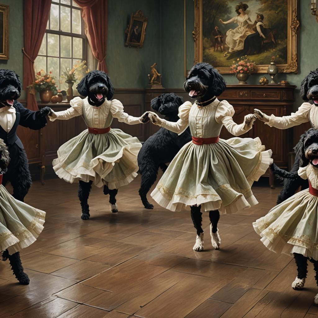 Portuguese Water Dogs Dancing in Impressionistic Style