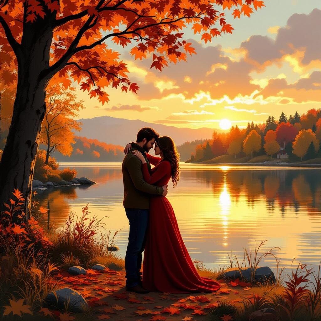 Autumnal Embrace by Lakeside in Digital Painting Style