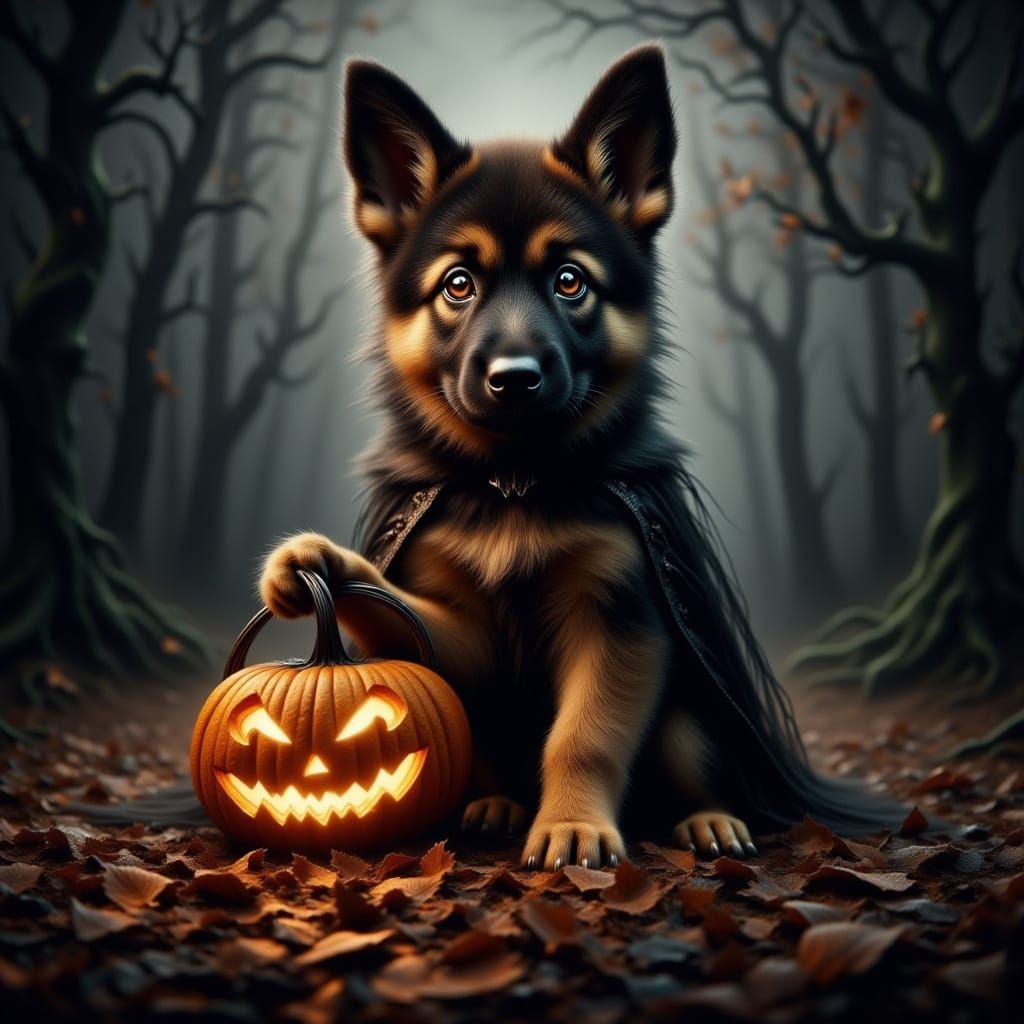 Cute German Shepherd Puppy as Batman for Halloween